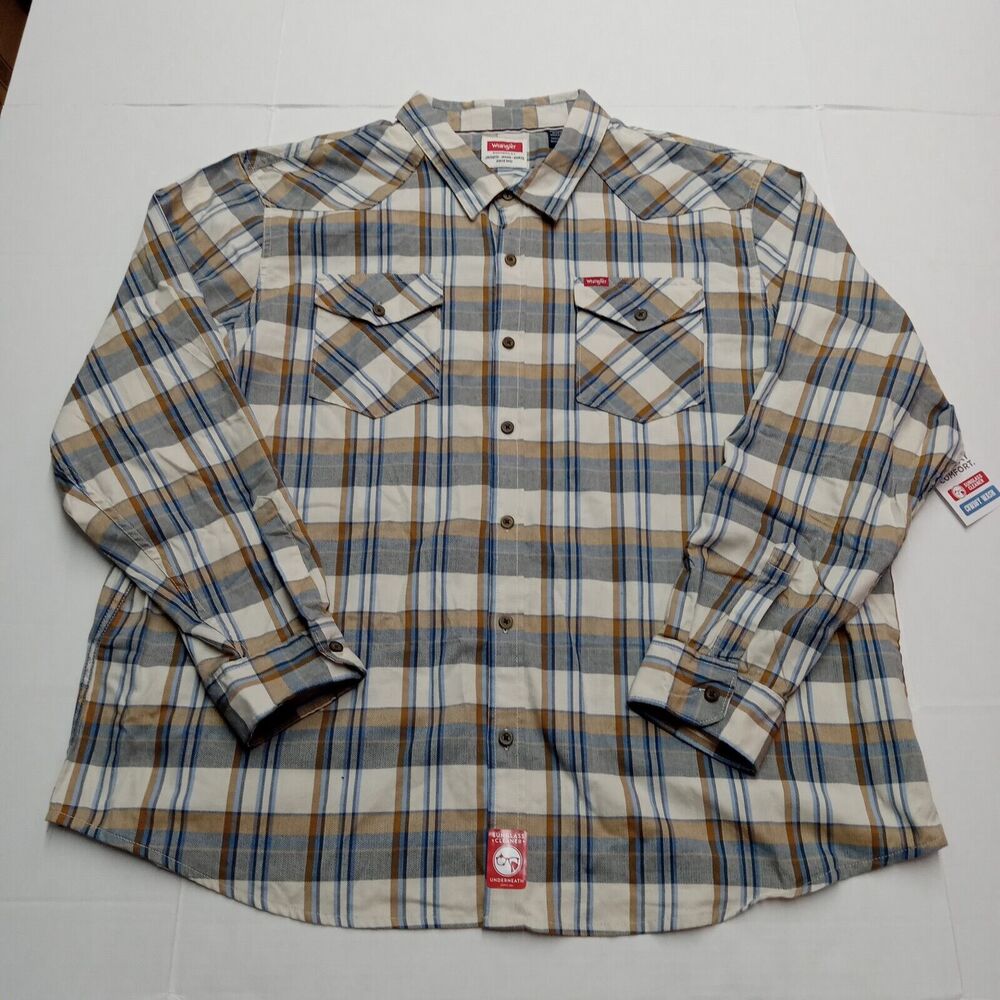 Wrangler Slim Fit Shirt Men's 3XL Cowboy Wash Beige Blue Plaid LS Button Up